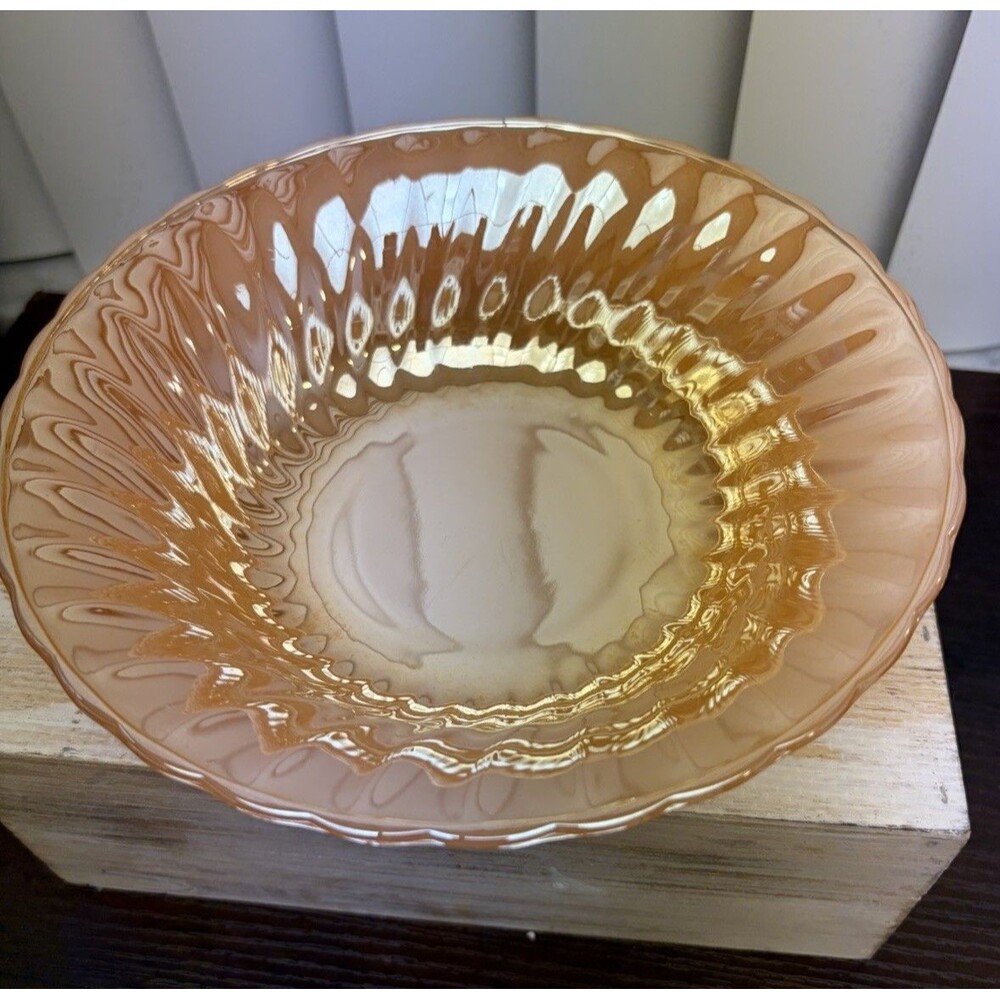 FIRE KING PEACH LUSTRE SWIRL VEGETABLE BOWL MADE IN THE USA IN THE 1960’S